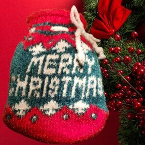 Festive Knitted Drawstring Christmas Stocking Bag     NWOT